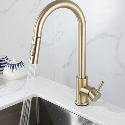 Brass pull down kitchen faucet with smart touch control